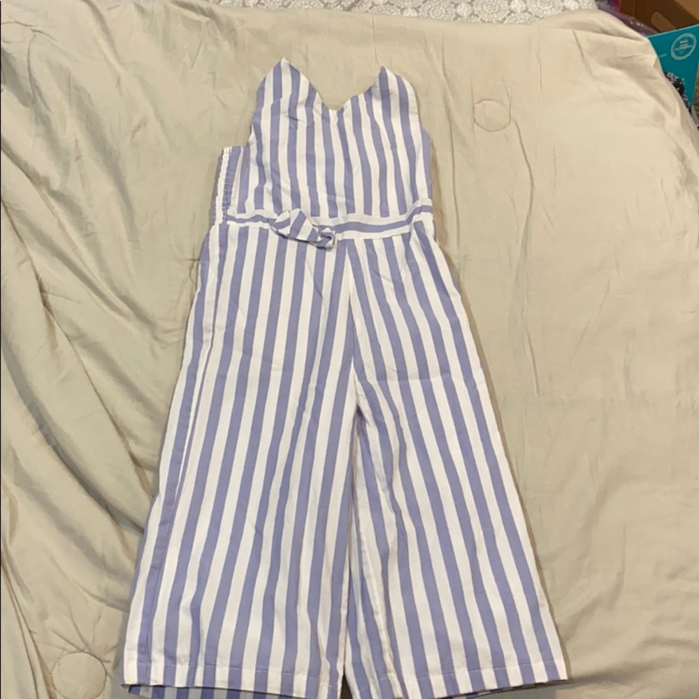 Blue and white striped pant suit